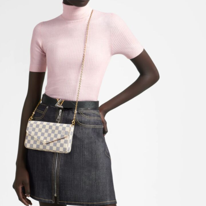 LOUIS VUITTON Pochette 便携棋盘格信封式翻盖 涂层帆布拼牛皮革 三合一链条包手提单肩斜挎包 女款 白色
